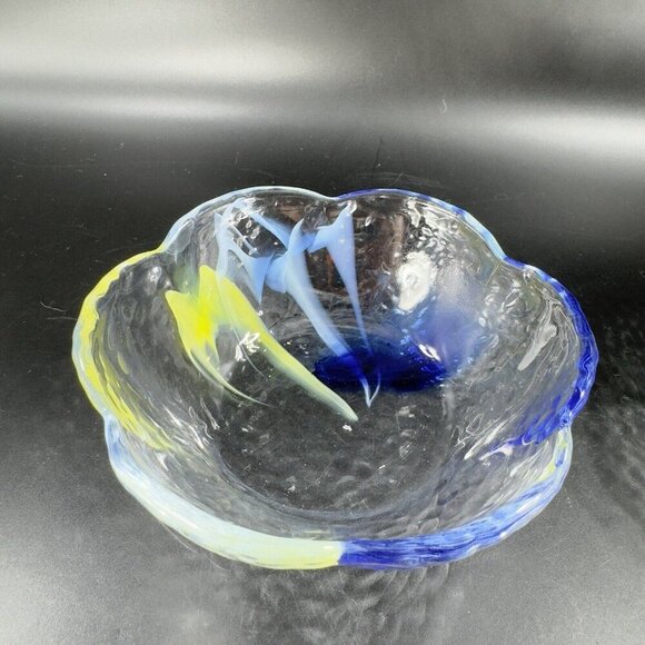 Vintage Aderia Glass Bowl Set 2 Made In Japan Clear Blue Yellow Swirls Ruffled - Picture 12 of 16
